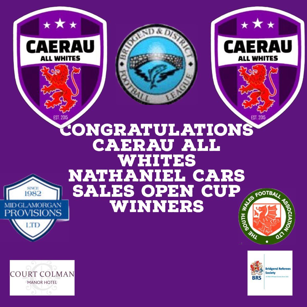 Congratulations <a href="/CaerauAW/">Caerau All Whites</a>  on winning the <a href="/NathanielCars/">Nathaniel Cars</a> open cup to complete the treble.🏆🏆🏆
Enjoy your night 🍻🍻🍻 good luck in the @SWALInfo <a href="/wales_league/">South Wales Alliance League</a> <a href="/SouthWalesFA/">South Wales FA</a> <a href="/AllWalesSport/">All Wales Sport</a> <a href="/BridgendReferee/">Bridgend Referees Society</a>