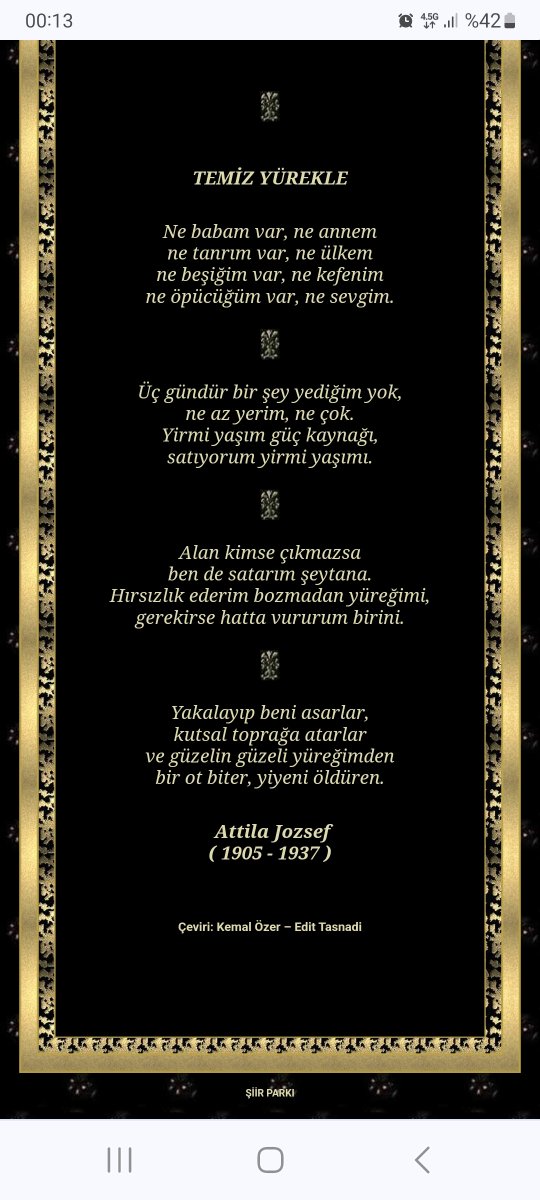 Geceye büyük Macar şairi Attila József'den bir şiir bırakayım. Keşfetmemişler için de bir ipucu olur.