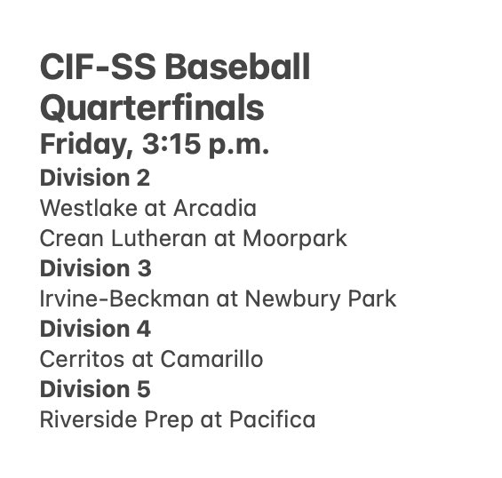 Today’s playoff baseball schedule. Five teams in the sectional quarterfinals, including four at home.