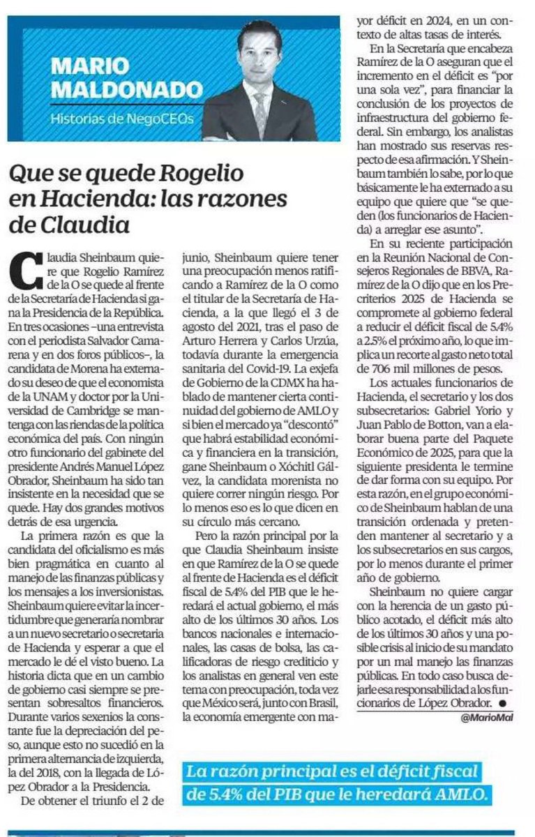 'La razón principal por la que #ClaudiaSheinbaum insiste en que #RamírezdelaO se quede al frente de #Hacienda es el #déficit fiscal de 5.4% del #PIB que le heredará el actual gobierno, el más alto de los últimos 30 años'.  @MarioMal