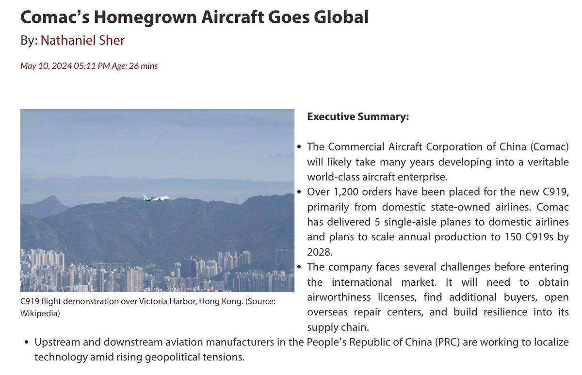 In this article for @ChinaBriefJT, I document China’s strategy to enter the international aviation market with Comac's new single-aisle commercial aircraft, the C919 🧵