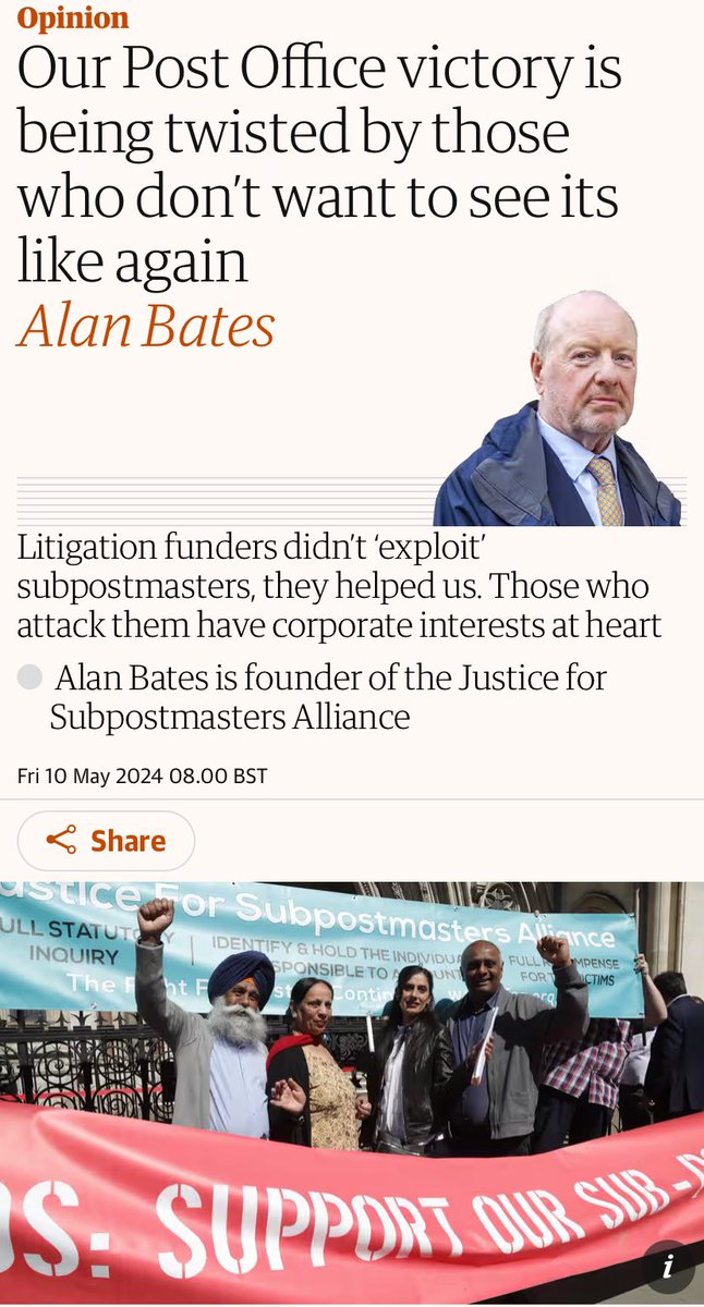 #PostOfficeScandal A piece in @guardian by Alan Bates who was the founder of Justice for SubPostmasters Alliance (JFSA)

Our @PostOffice victory is being twisted by those who don’t want to see its like again‼️

You are probably familiar with the case Alan Bates and Others v Post…