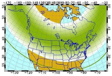 Selon une source fiable, la zone verte aura la plus grande possibilité d'apercevoir des aurores durant 3 h, soit entre 23h et 2h la nuit prochaine.
On les observe selon une zone et non pas sur une ville en particulier comme pour les précipitations. 
🟢= #aurores fortes
<a href="/le1518/">Le 15-18</a>
