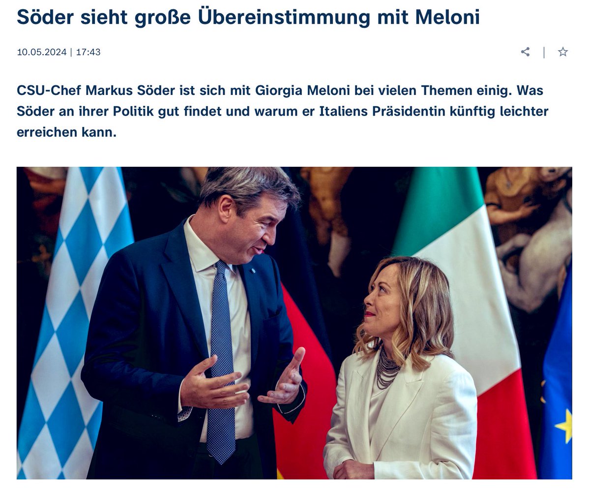 .@Markus_Soeder hat nach einem Treffen mit @GiorgiaMeloni eine große Übereinstimmung bei Fragen zur Energie, dem Verkehr & der Asylpolitik betont. Er lobte die Flüchtlingsvereinbarung & am Ende tauschten sie Telefonnummern aus. Der Ministerpräsident von Bayern hat jetzt eine…