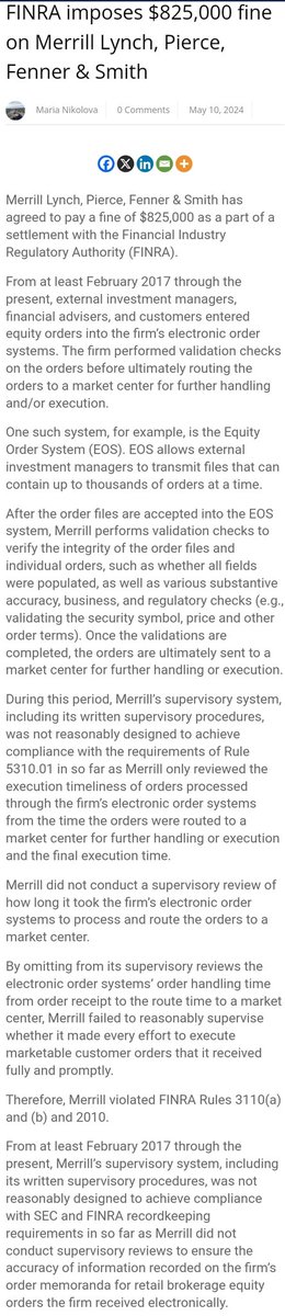 MERILL LYNCH FINED $825K & CENSURED FOR DARKPOOL ORDER-HANDLING VIOLATIONS!

'From at least February 2017 through the present, Merrill’s supervisory system, including its written supervisory procedures, was not reasonably designed to achieve compliance with SEC and FINRA…