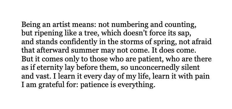 'patience is everything.' Rilke (trans. M.D. Herter Norton):