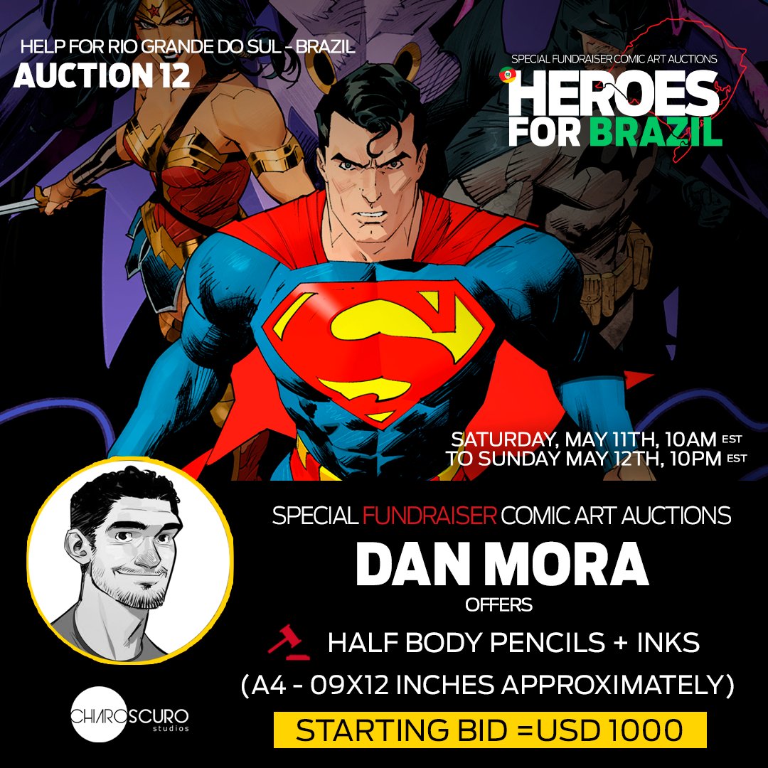 Comic art fans and collectors The fundraiser with legendary comic book creators, in support to Brazil, will take place this Saturday, May 11th, 10 AM EST to Sunday, May 12th, 10 PM EST. You can place your bids at Chiaroscuro Stdios x.com/chiaroscuro_ofc #helptobrazil