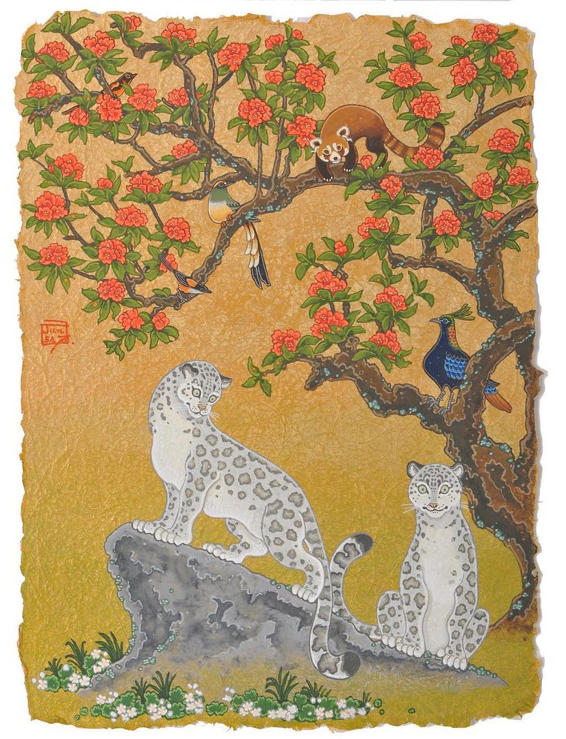 Snow Leopards under the Rhododendron tree of Nepal by Japanese artist, Jun Sato.