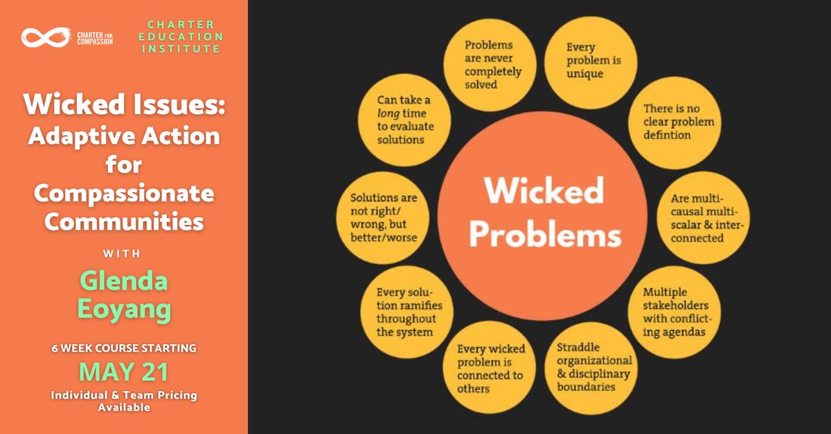 Wicked Issues: Adaptive Action for Compassionate Communities with Glenda Eoyang is the perfect course for anyone involved in community building, especially in Compassionate Cities and Communities.✨ Course begins May 21, and goes for 6 weeks! 🌆 (1/2)