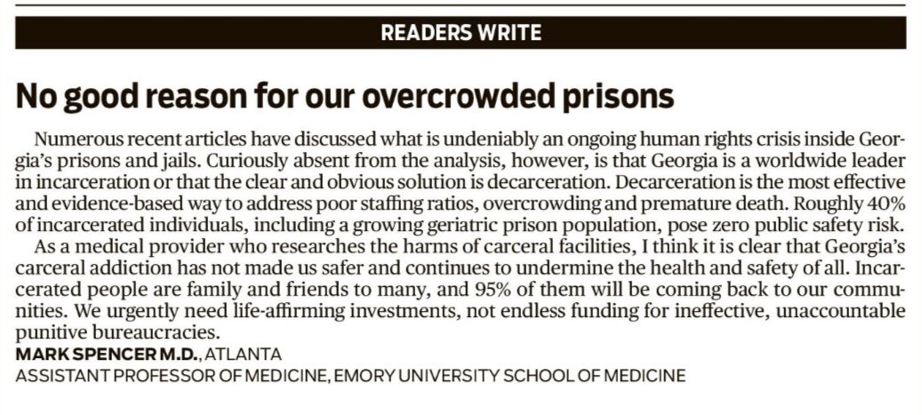 Thank you for bringing this up - I made a similar point in last Sundays @ajc after seeing 10+ articles written about GA prison crises and not one of them mentioned decarceration/release as obvious solution.