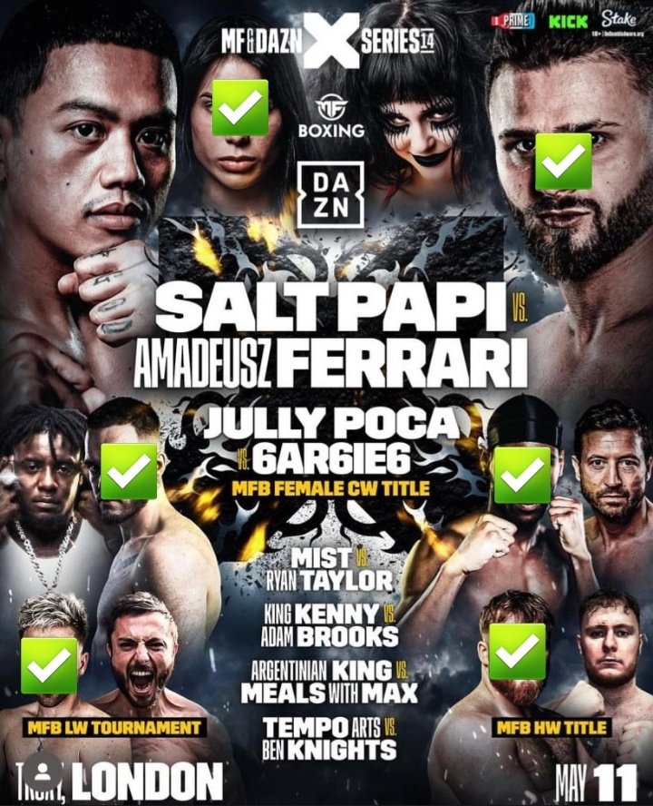 Here are my predictions for misfits 014,Amadeus Ferrari is crazy asf lmao I hope he pulls it off but that means salt will be on a 3 loss losing streak tho,but idk let's see who wins tomorrow night #misfits #misfitsboxing #XSeries14