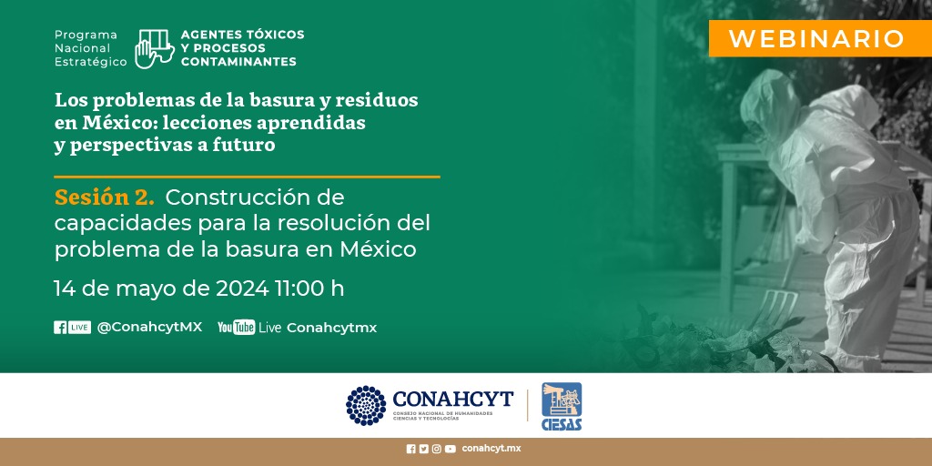 El #Conahcyt y @ciesas, mediante el #Pronace Agentes Tóxicos y Procesos Contaminantes, invitan a la sesión 2 del webinario 'Los problemas de la basura en torno a la gestión de los residuos sólidos urbanos en América Latina'. 🗓️ 14 mayo 2024 🕚 11:00 h ➡️ bit.ly/3VvkVOZ