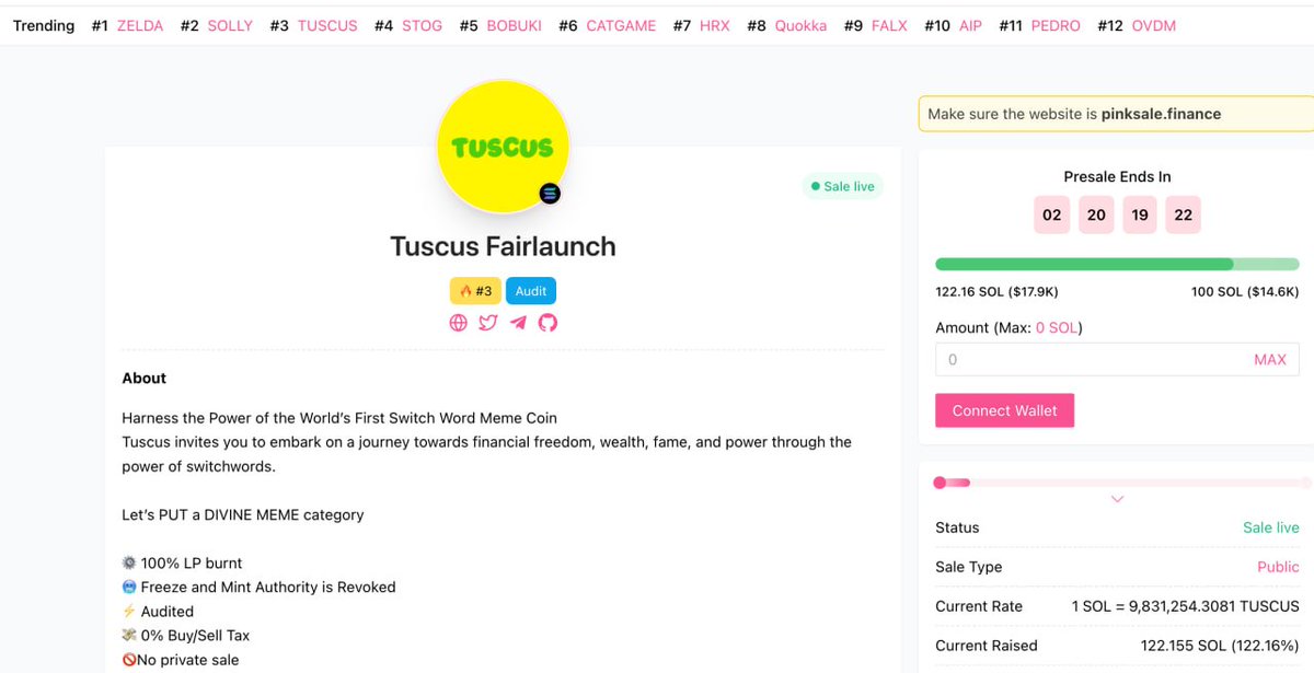 Tuscusonsol's tweet photo. Sweet, we have crossed the Soft Cap of our Fairlaunch. 👏👏 Well done guys
Appreciate your participation in this new viral trend of memecoins.

It feels like this presale will break all the records. Momentum is catching up steadily🚀 @pinkecosystem

#Tuscus Trending #3 https://t.co/JILX2yFwGG
