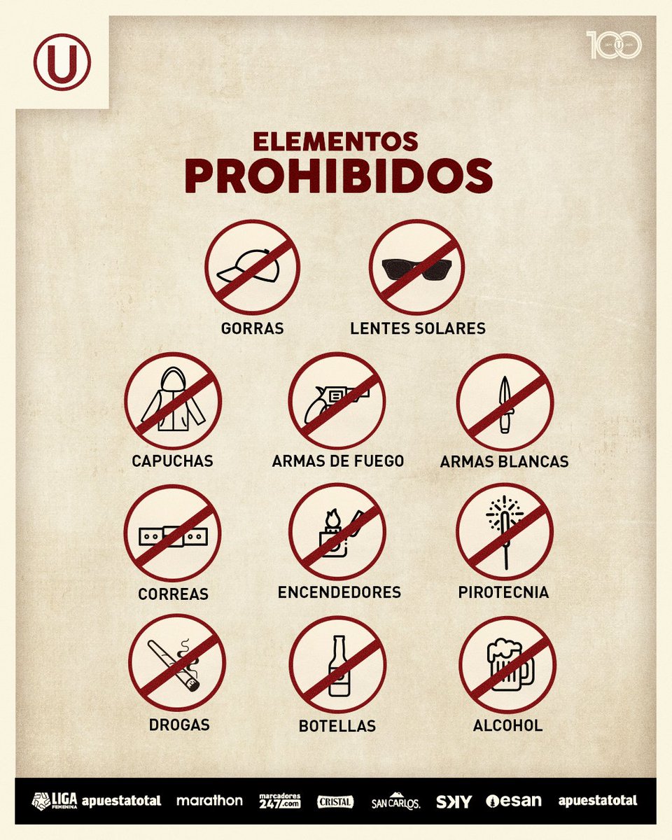 𝗔𝗧𝗘𝗡𝗖𝗜𝗢́𝗡 𝗠𝗘𝗥𝗘𝗡𝗚𝗨𝗘 🚫 Damos a conocer la lista de elementos prohibidos para nuestro partido de hoy por la fecha 8 de la @ligafemfpf. 🚨 Reiteramos que está terminantemente prohibido el uso de bengalas dentro del estadio. #Los100DelÚnicoGrande