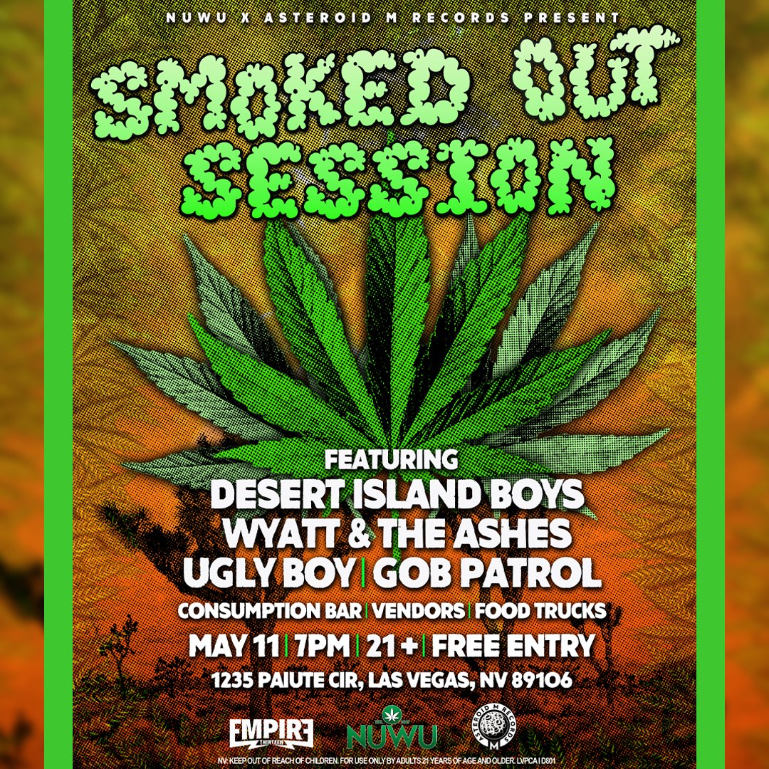 TONIGHT is our Smoked Out Session at the cannabis-friendly concert presented by Asteroid M Records! Featuring Desert Island Boys, Wyatt & The Ashes, Ugly Boy, & Gob Patrol. Doors open at 6 PM, show starts at 7 PM. . . #livemusic #dtlv #vegas