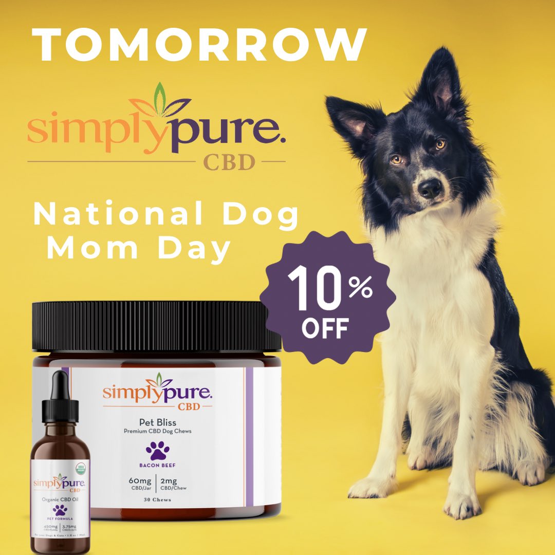 Join us tomorrow to celebrate #NationalDogMomDay and enjoy a 10% discount on our Simply Pups CBD line! 🐾 Don't miss out on supporting a #BlackOwned and #WomenOwned business. #DogLove