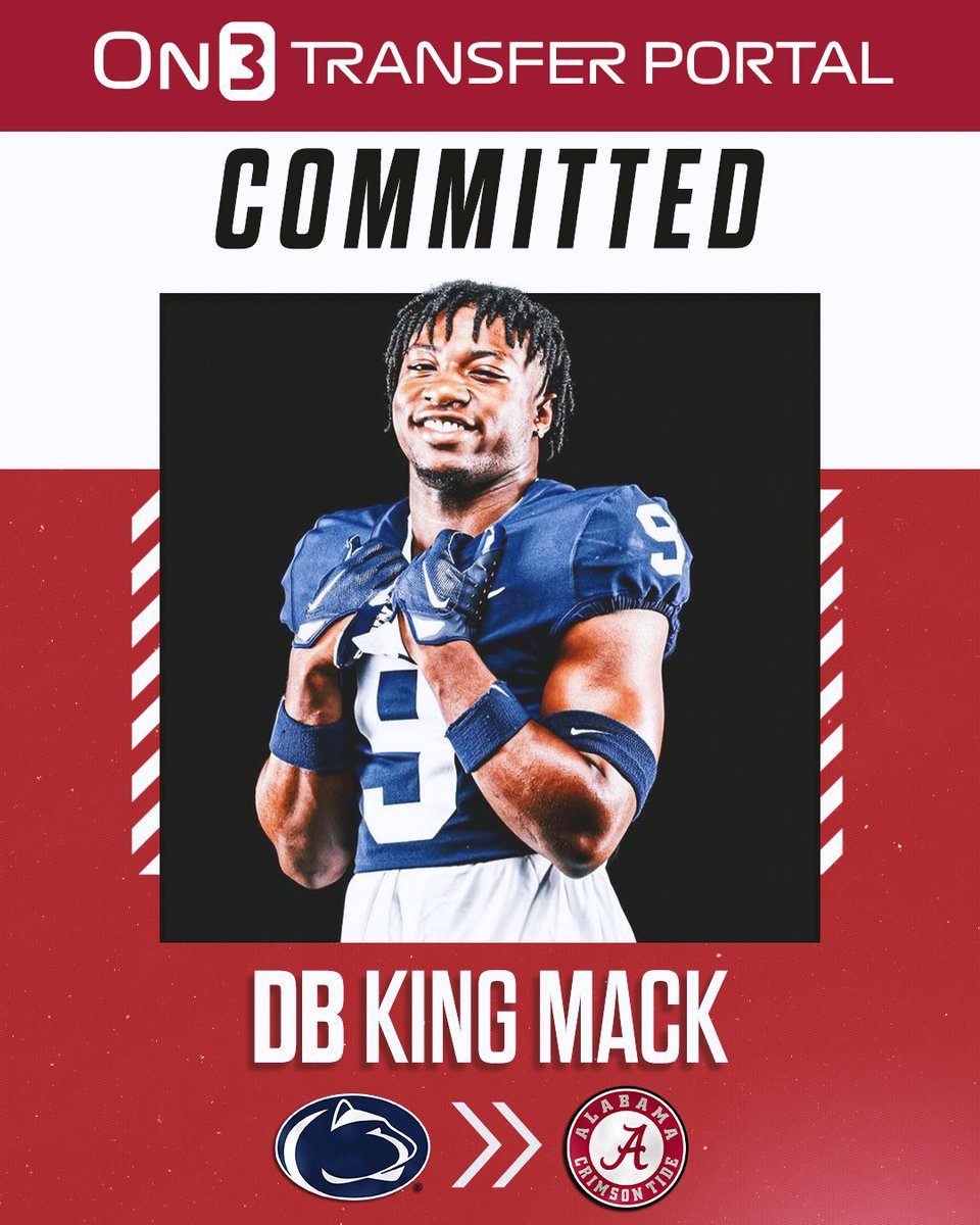 BREAKING: Penn State transfer DB King Mack has committed to Alabama, per @AndrewJBone🐘 Mack is a former Top-100 recruit from the 2023 class. on3.com/college/alabam…