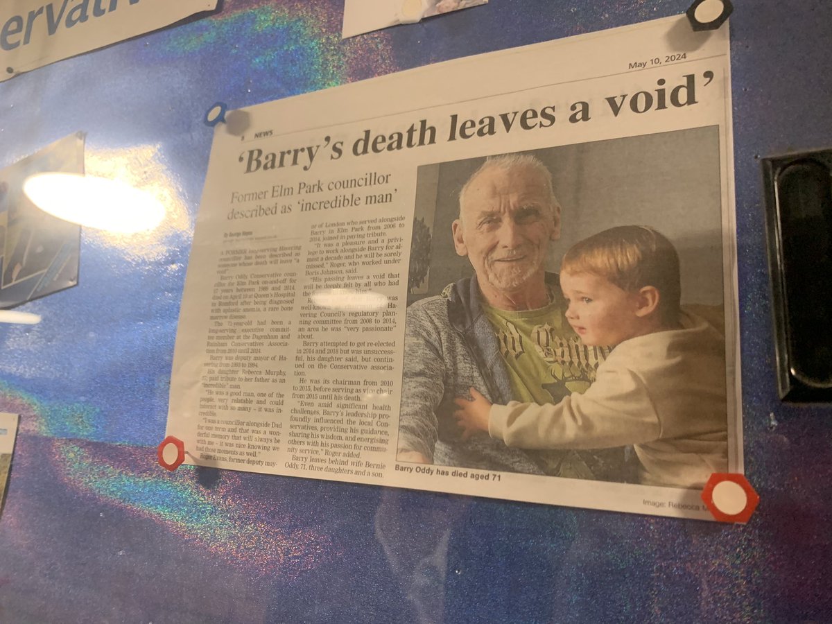 In today’s edition of the Romford Recorder we remember the life of a devoted Husband, Grandfather, Father, ex-Councillor and former President of our Conservative Association, Barry Oddy. He will be missed by all that knew him.