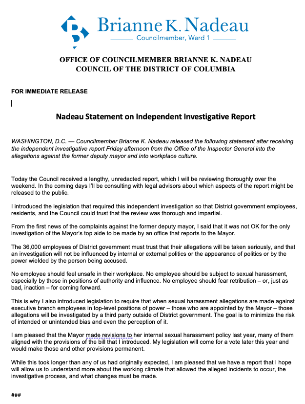 I introduced the legislation that required this independent investigation so that District government employees, residents, and the Council could trust that the review was thorough and impartial. My full statement: brianneknadeau.com/updates/update…
