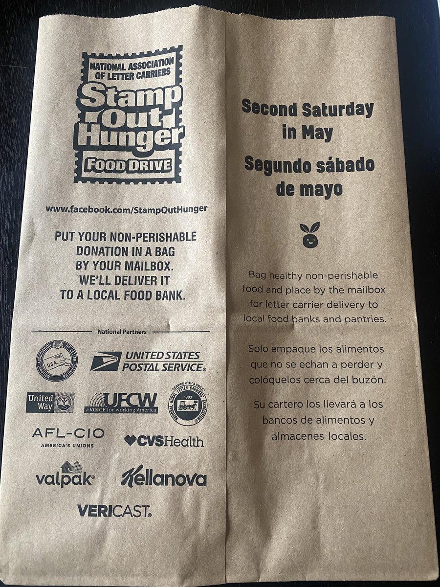 🥫Have you received a #StampOutHunger bag in the mail recently? Gather your non-perishable food donations and place them in this bag to be picked up by your letter carrier TOMORROW. Thank you to @NALC_National, @USPS, and @FoodbankSBC for this great community food drive.