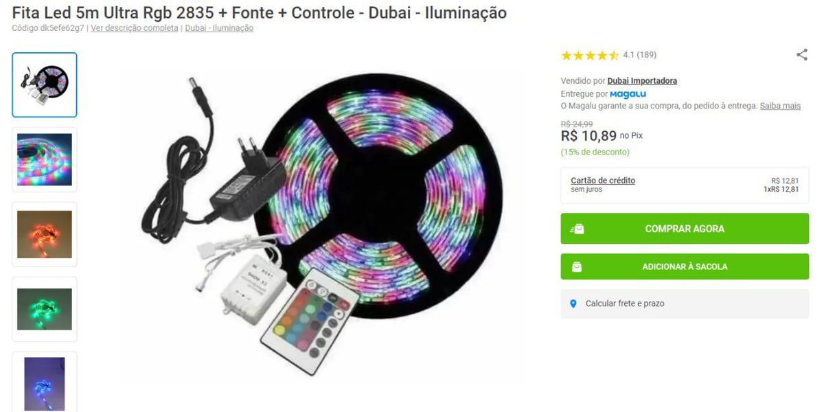 DEZ CONTO NA FITA DE LED, SÃO 5 METROS! ✅ Fita Led 5m Ultra Rgb 2835 + Fonte + Controle - Dubai - Iluminação 🔥 POR 10,89 no Pix 🔗 divulgador.magalu.com/9u9cEeeT