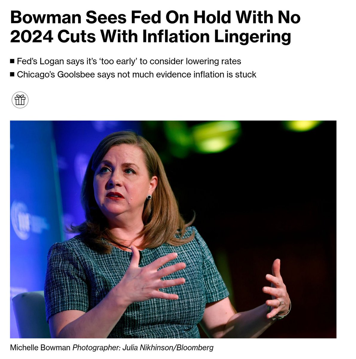 I still think the Fed cuts and it ends up being a policy mistake, but Bowman isn't wrong in her reasoning. Stating concerns about inflation lingering is top of mind for many. Easier monetary policy could further accelerate it if the economy does not weaken commensurately.