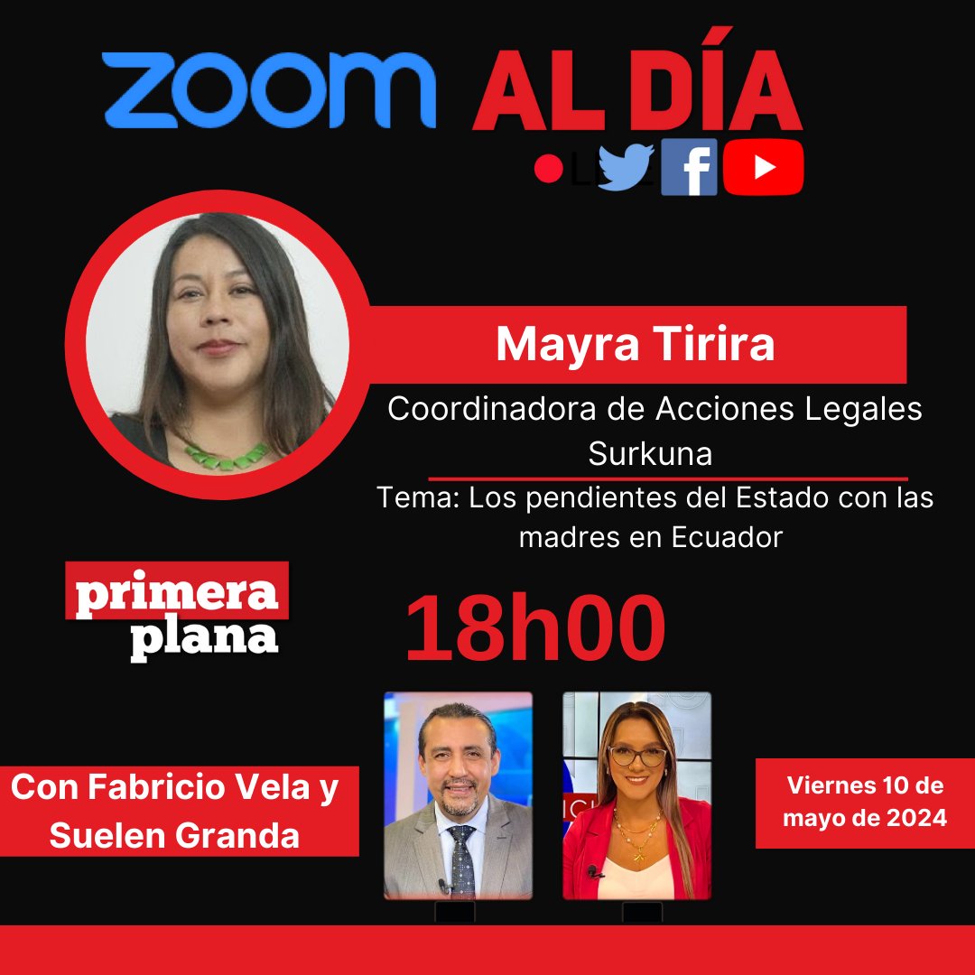 🎙️#ZoomAlDía | Viernes 10 de mayo de 2024.

➡️Hoy nos acompañará:
- <a href="/Marluchat/">Mayra Tirira Rubio</a>, <a href="/SurkunaEc/">Surkuna💚</a>

⏰Los esperamos desde las 18h00, con <a href="/fabriciovelav/">Fabricio Vela</a> y <a href="/SuelenGranda/">Suelen Granda</a>.