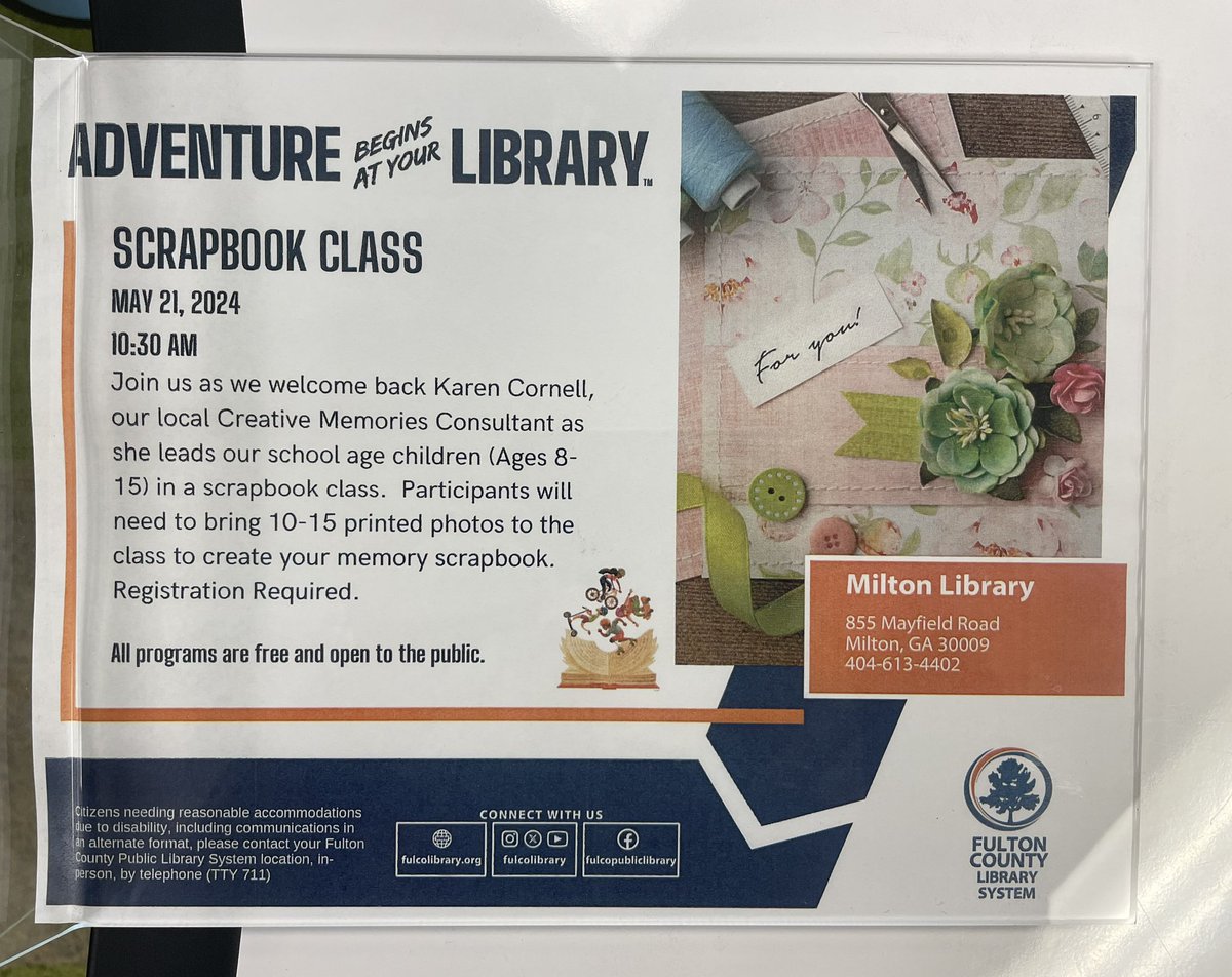 Late change to our upcoming scrapbook class for school aged children.  Now on Tuesday, May 21 at 1030am.  Bring 10-15 printed photos.  Schools are closed for election day-  spend some time with us #TheNewMiltonLibrary.  Registration required.