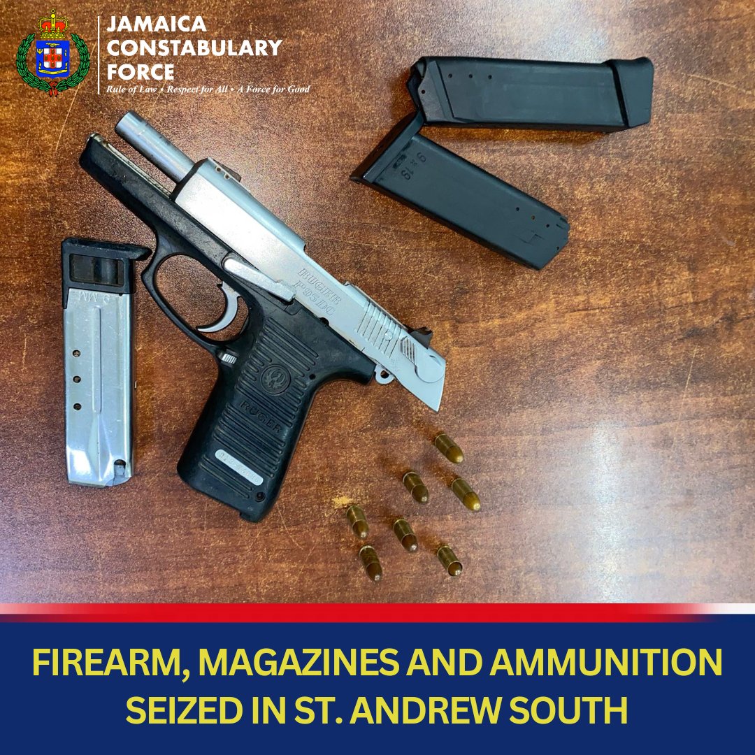 The St. Andrew South Police seized a 9mm pistol, three magazines, and seven 9mm rounds of ammunition during an operation in Cockburn Pen, St. Andrew on Wednesday, May 8. Investigations are ongoing.