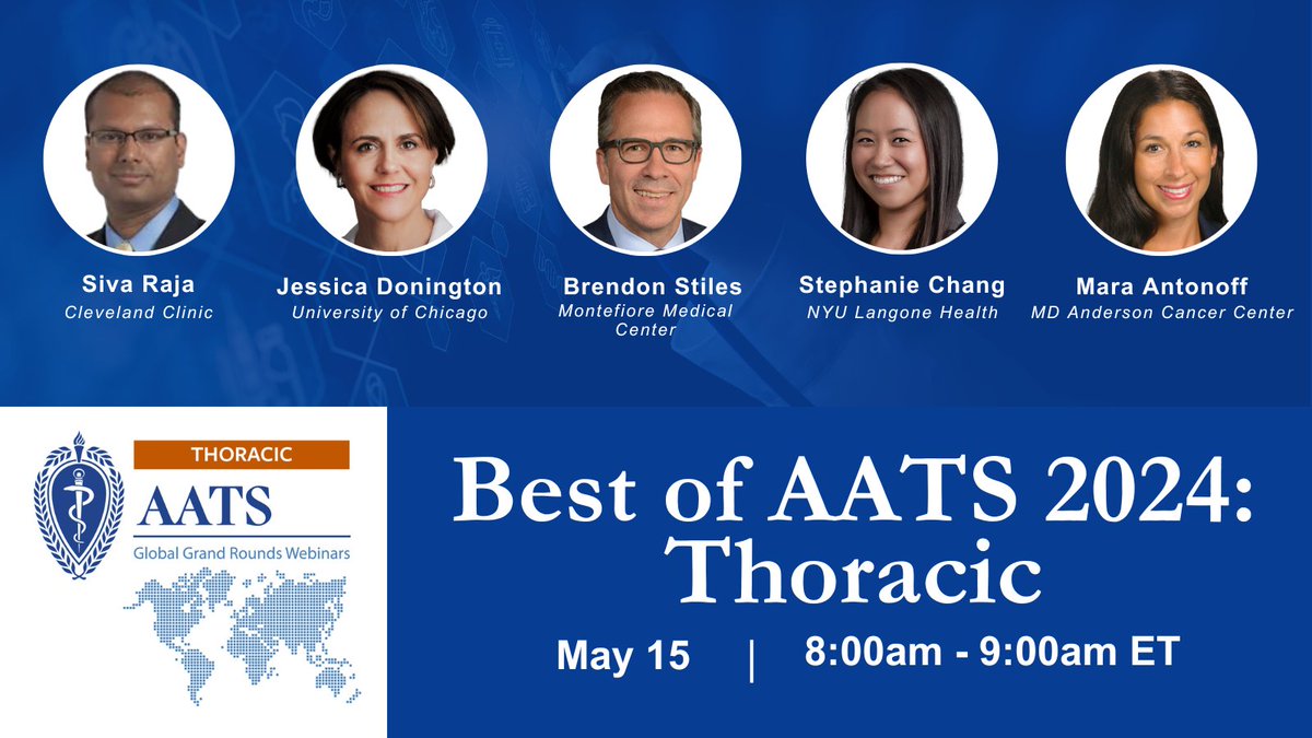 Next up on our Best of AATS 2024 webinar series: Thoracic content from #AATS2024. See highlights from the AATS Annual Meeting on various tracks such as esophageal, lung transplant, and #thoracic education. Register to join us Wednesday, 5/15 at 8am ET: aats.org/events/best-of…