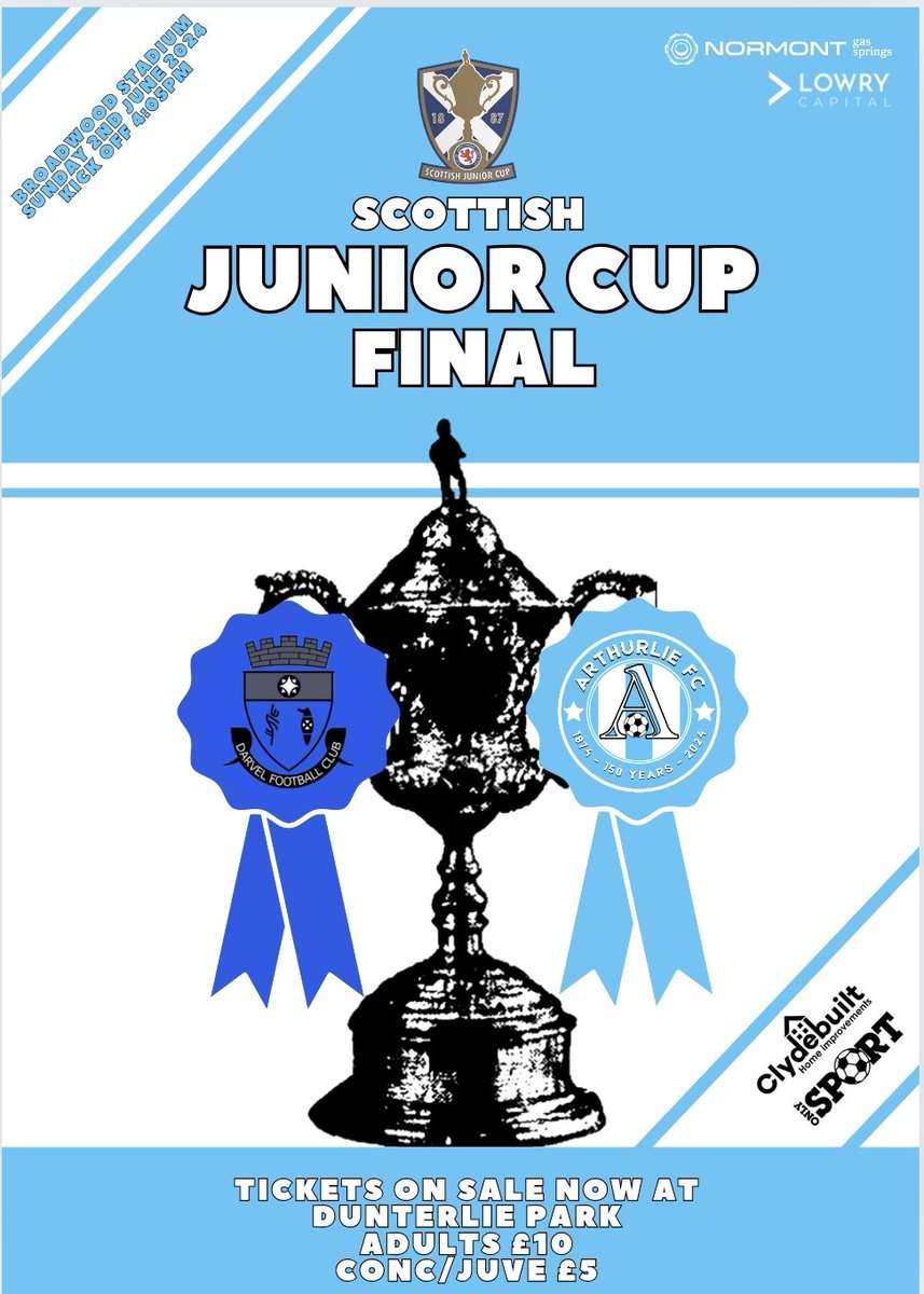 🔵⚪ CUP FINAL TICKETS ⚪🔵

Tickets for our <a href="/scottishjuniors/">Scottish Community FA</a> Cup Final V <a href="/darvelfc/">Darvel FC</a> will be available to purchase at tomorrow's game. 
Adults £10 - Conc/Juve £5