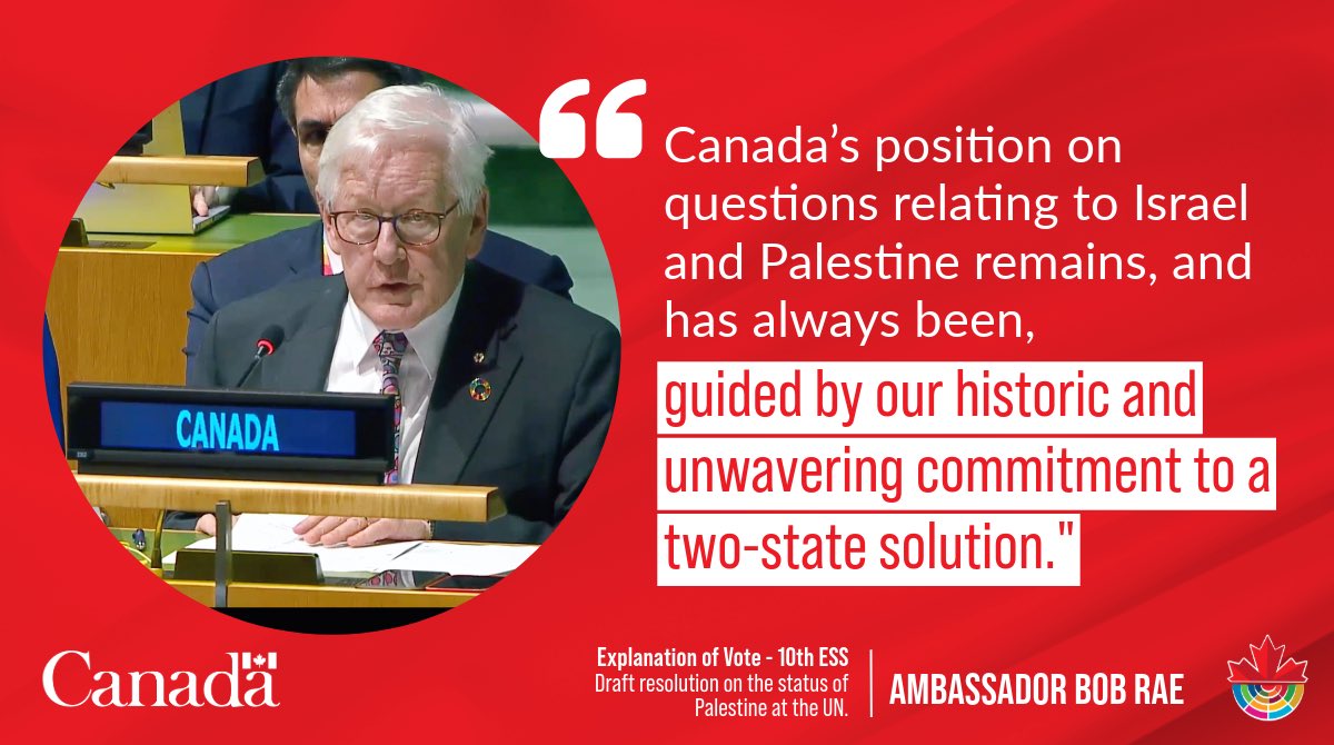 There was an historic vote/outcome today at the tenth Emergency Special Session concerning a draft resolution on the status of Palestine at the UN. Canada’s position continues to be guided by our historic and unwavering commitment to a two-state solution.