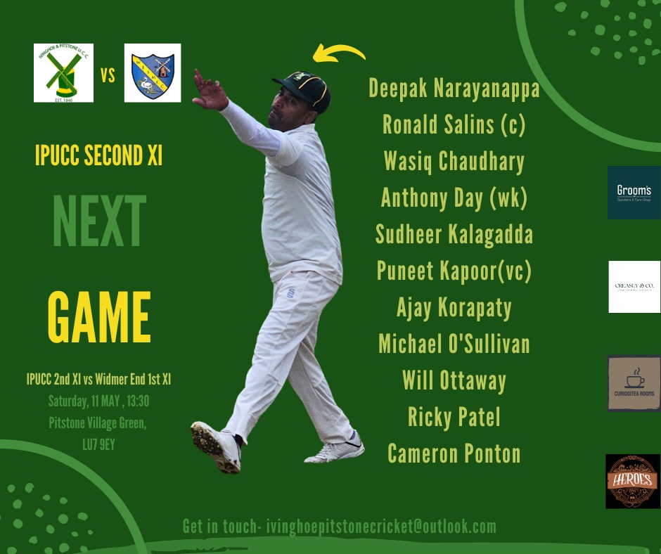 Our team sheets for this weekend. Our 1st XI travel to <a href="/AylesburyTownCC/">Aylesbury Town Cricket Club</a> while our 2nd XI host <a href="/WidmerEndSMCC/">Widmer End SM CC</a> 
Both start at 1.30pm, sun is shining bright and its going to be a great day for cricket all round!