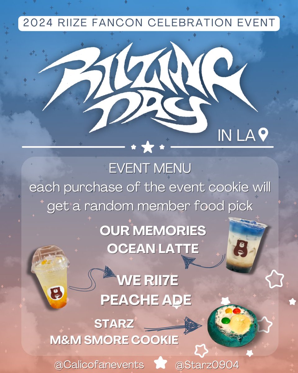 bambizstar's tweet image. RIIZING DAY IN LA CUPSLEEVE EVENT ACTIVITIES
Come join us for fun activities along with event themed drinks!

★ Activities ★
Letterz to Riize
Finding Seunghan
Photo Ops + more

Hope to see fellow briize there!!
#riizingdayinla #riize #cupsleeve