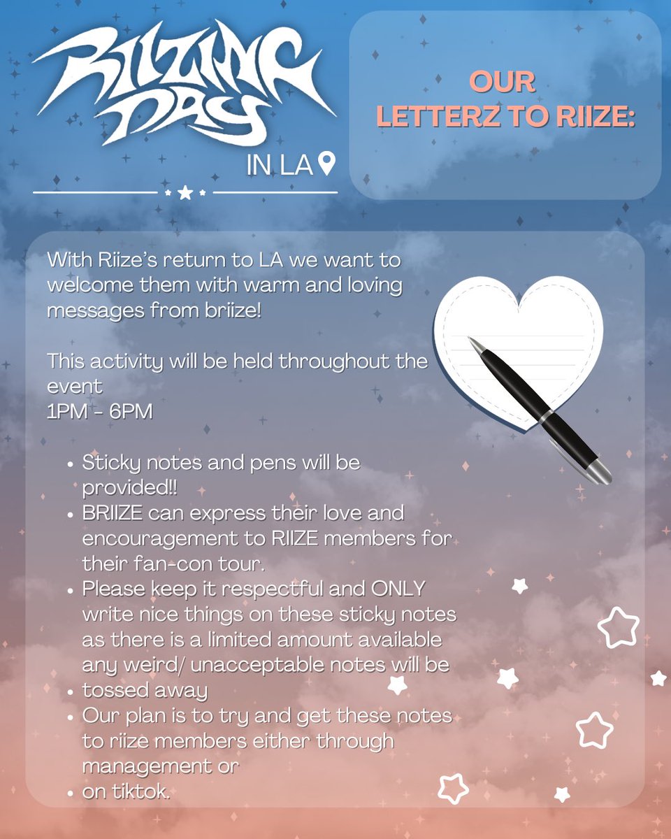 bambizstar's tweet image. RIIZING DAY IN LA CUPSLEEVE EVENT ACTIVITIES
Come join us for fun activities along with event themed drinks!

★ Activities ★
Letterz to Riize
Finding Seunghan
Photo Ops + more

Hope to see fellow briize there!!
#riizingdayinla #riize #cupsleeve