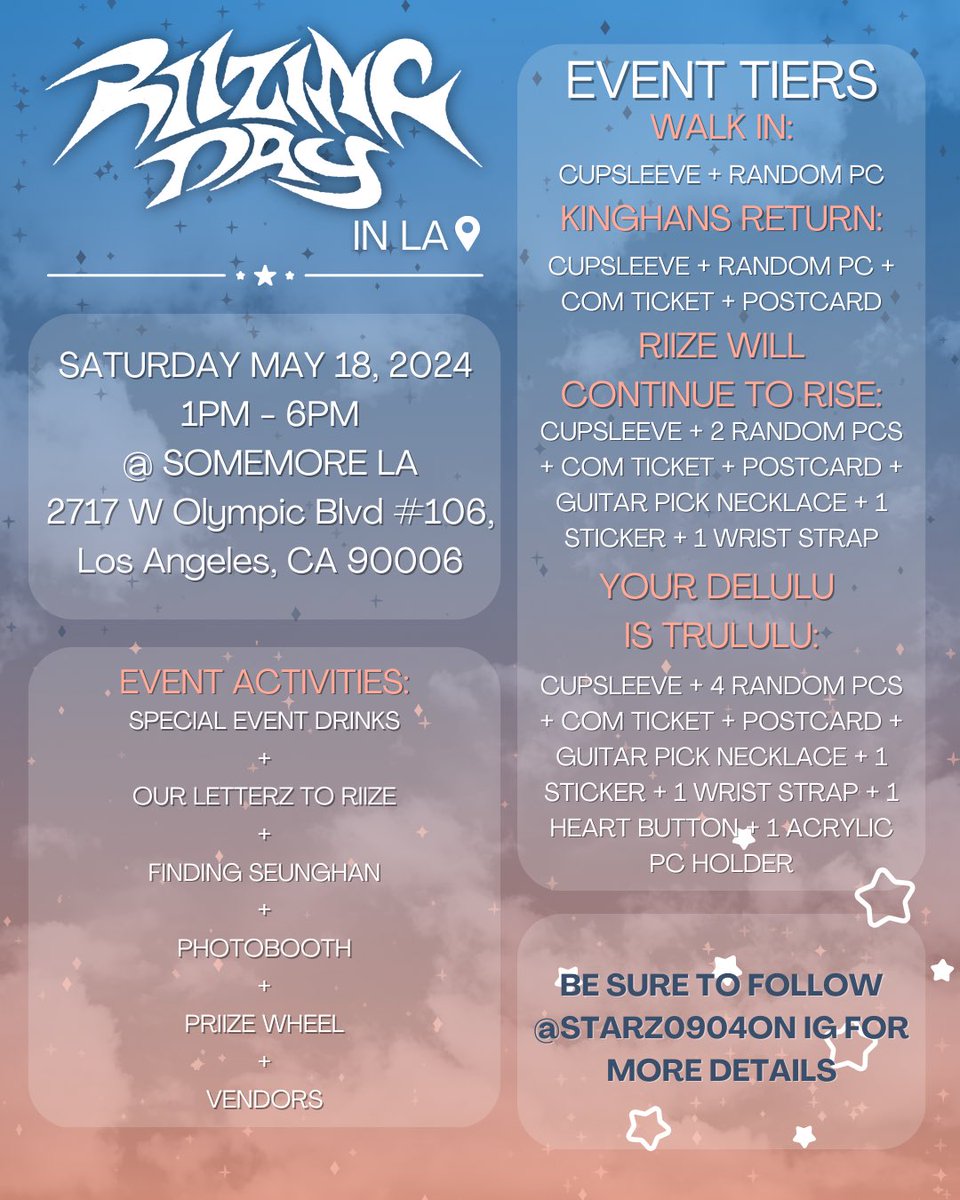 bambizstar's tweet image. RIIZING DAY IN LA CUPSLEEVE EVENT ACTIVITIES
Come join us for fun activities along with event themed drinks!

★ Activities ★
Letterz to Riize
Finding Seunghan
Photo Ops + more

Hope to see fellow briize there!!
#riizingdayinla #riize #cupsleeve