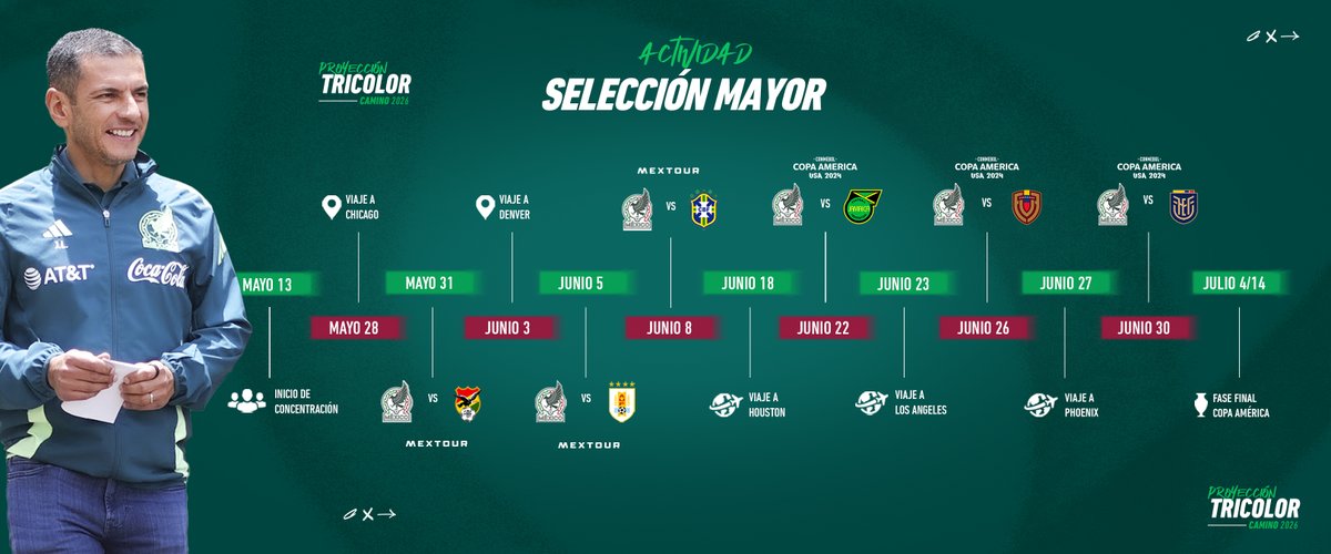 Lo que se nos viene este verano 🔜🗓️ 😎 Estas son las fechas para la #ProyecciónTricolor 🇲🇽⚽️ ¿Ya las apuntaste? 👀 ¡¡Vamos juntos!! 👊🏻🙌🏻