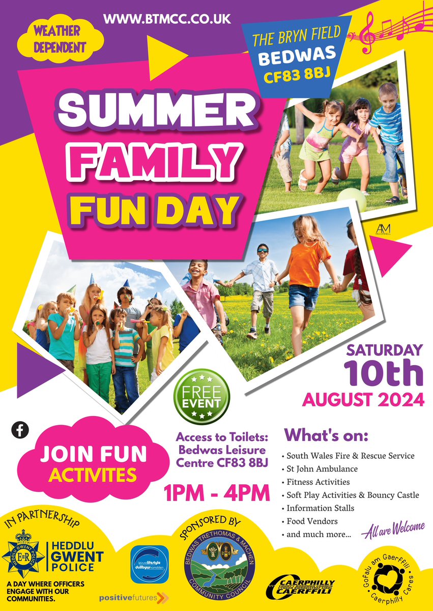 ☀️Save the Date☀️
Summer Family Fun Day - 10 August 2024

#BTMCC #GwentPolice #CCBC #CaerphillyCares #PositiveFutures #Summer #Family #FunDay #TheBrynField #Bedwas #BTMarea #GYRarea #AllWelcome