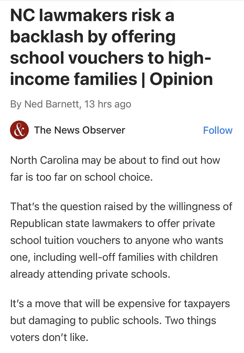 The disingenuous @newsobserver has Ned Barnett pushing an anti-school choice story KNOWING he’s a product of private schooling!!  

This is a non-story. Middle income families are the beneficiaries of these scholarships, and Ned knows it. #nced