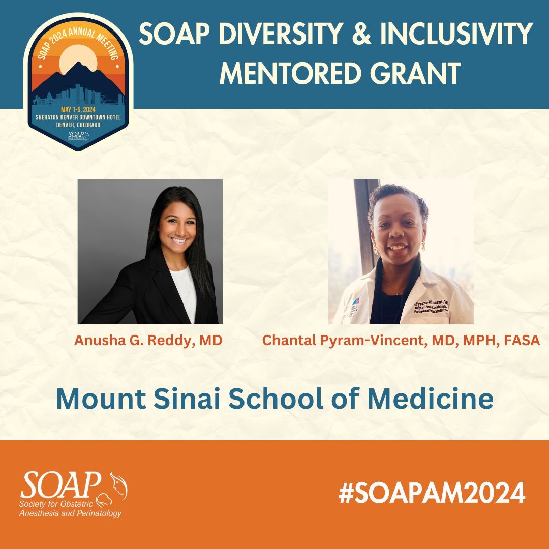Congratulations to Dr. Reddy & Dr. Pyram-Vincent, recipients of the SOAP Diversity & Inclusivity Mentored Grant. Their research focus: Enhanced Recovery After Delivery (ERAD) for Patients with Sickle Cell Disease. buff.ly/3HWm1Ma #SOAP #OBAnes #Diversity #Inclusivity