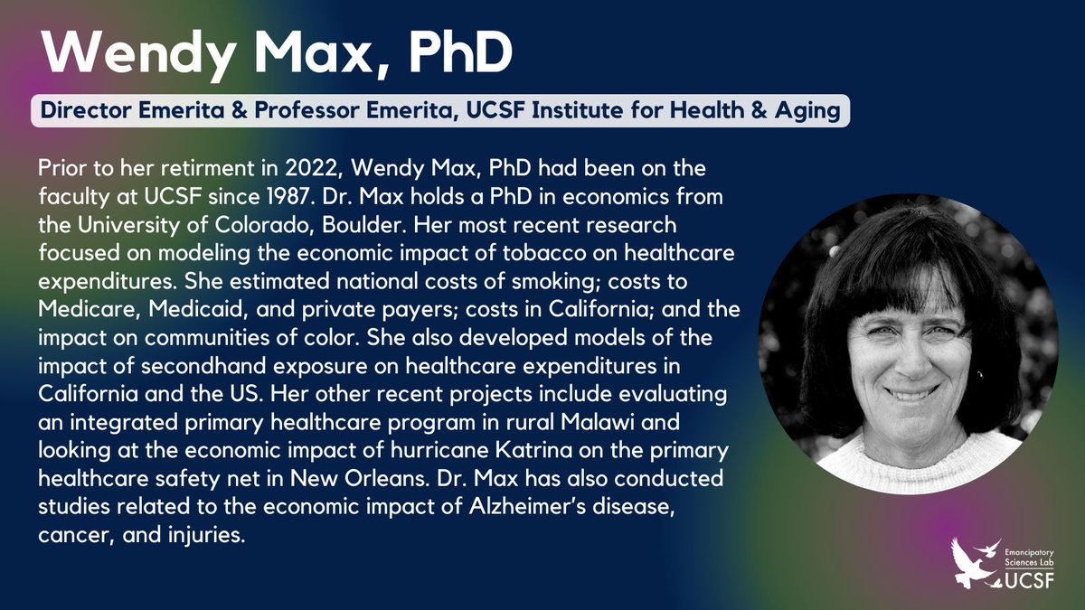 #FeaturedFriday spotlights folks in our network & their contributions toward #EmancipatorySciences. This week, we're featuring Dr. Wendy Max. Learn more about Dr. Max's work 💡 buff.ly/4dvpBef