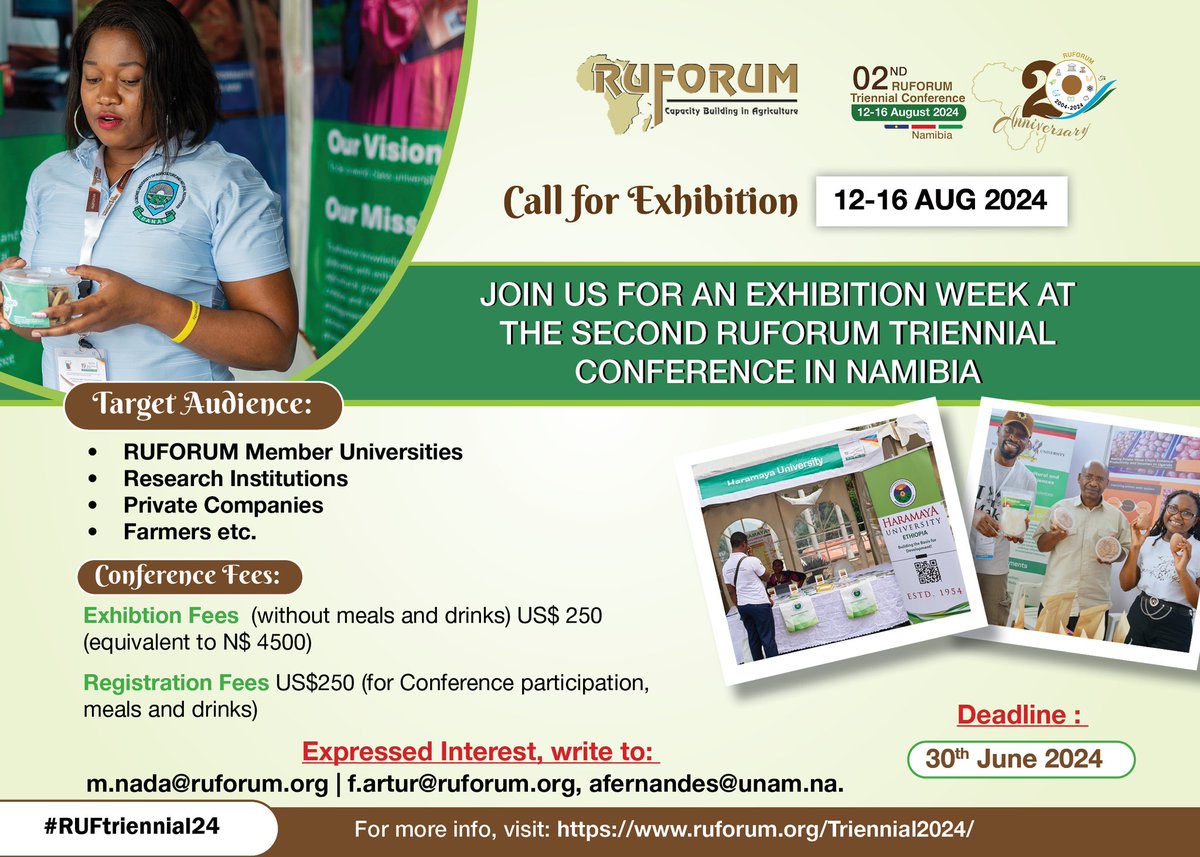 Call for exhibition at the 2nd RUFORUM Triennial Conference in Windhoek, Namibia. Deadline of application: 30th June 2024. #RUFTriennial24