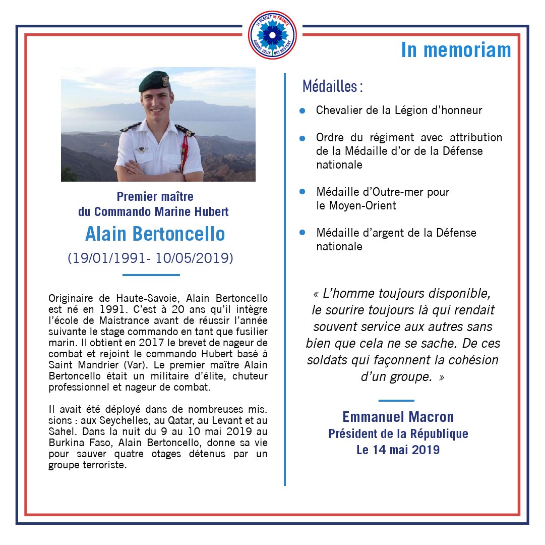 Il y a 5 ans, la 🇫🇷 pleurait 2 soldats : le PM Cédric de Pierrepont & le PM Alain Bertoncello tombés au Burkina Faso en sauvant des otages retenus par des djihadistes.
En 2011, c'est Loïc Roperh, soldat du 13e RG de Valdahon qui donnait sa vie en Afghanistan
#BleuetdeFrance