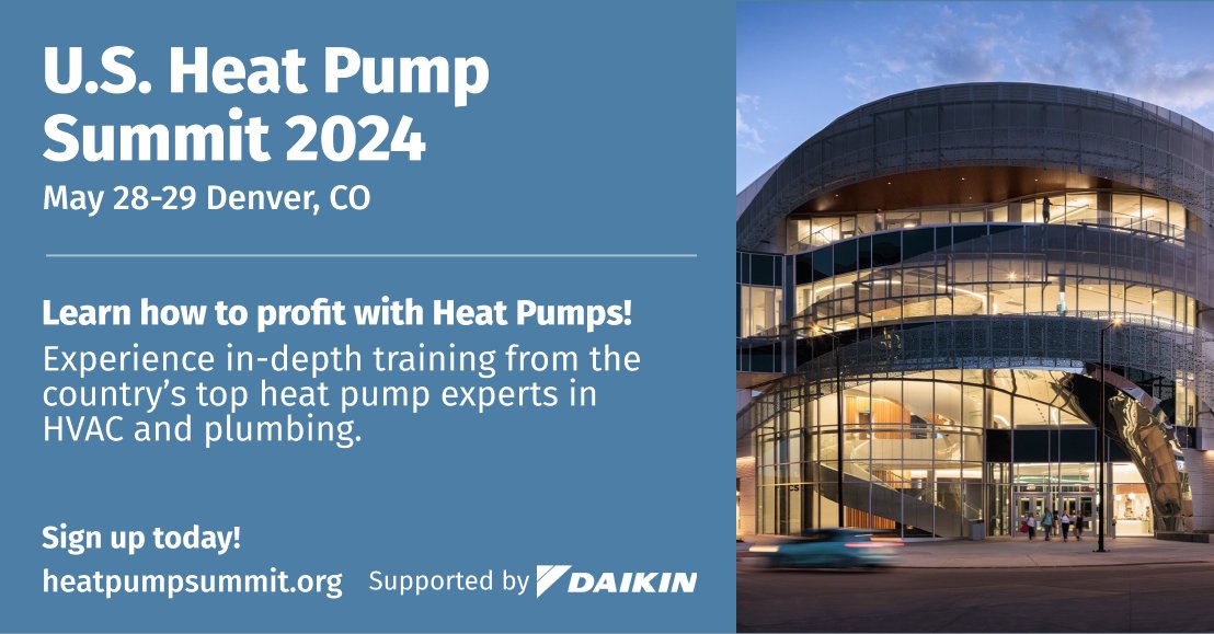 Later this month, join us at the U.S. #HeatPumpSummit to get the latest training on how to sell, design, install, and commission like an expert in HVAC and water heating heat pumps. 

View full registration details➡️ heatpumpsummit.org