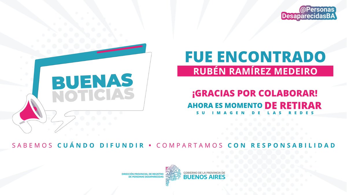 😊 B U E N A S N O T I C I A S ✨ 🙌🏼 Tenemos el agrado de informar que Rubén Ramírez Medeiro de #SanVicente, fue encontrado y ya se encuentra junto a sus seres queridos. Gracias por colaborar ! 💜