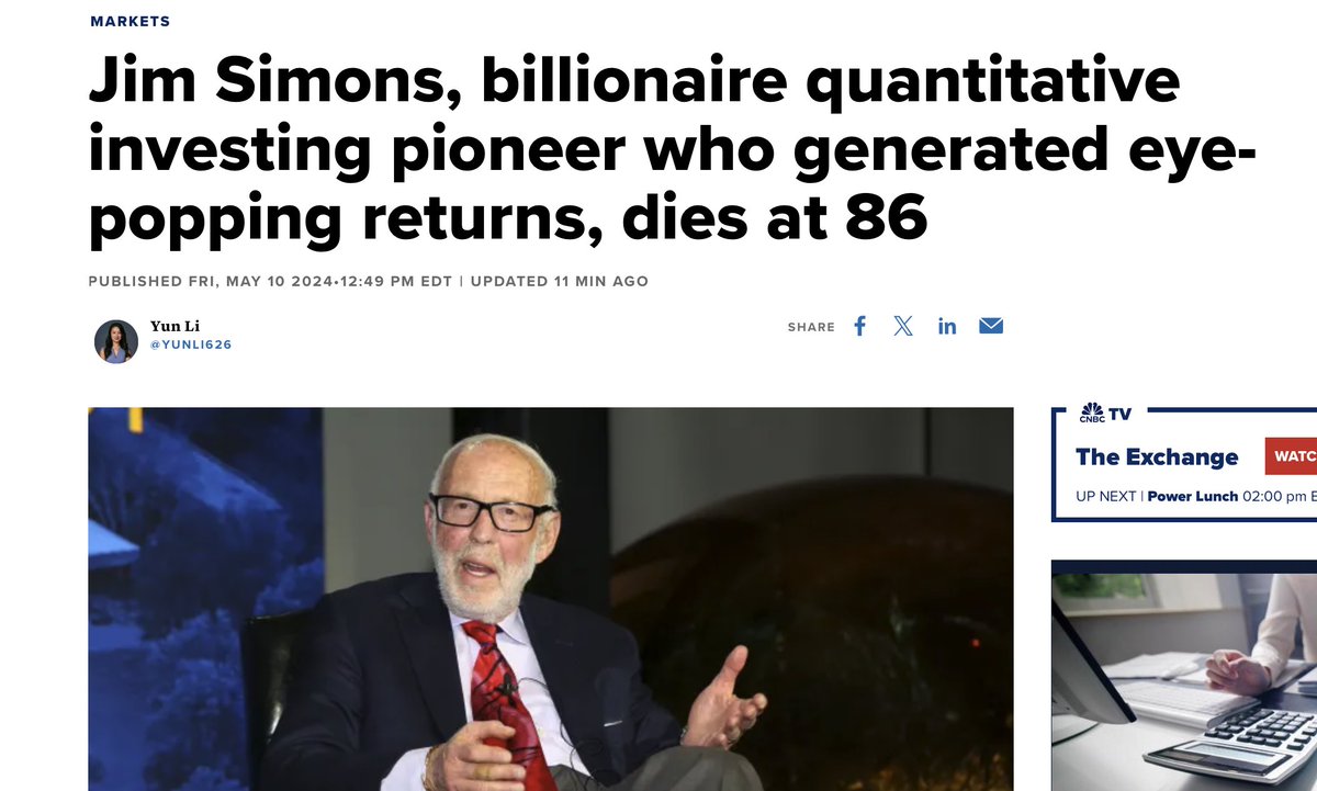 How good was Jim Simons?

If you invested $10K into his Medallion Fund in 1988, you'd have $420M...let that sink in

▪ If you invested in $SPY, you'd have $400K
▪ If you invested in $BRK, you'd have $1.5M

RIP to the Quant King 🙏