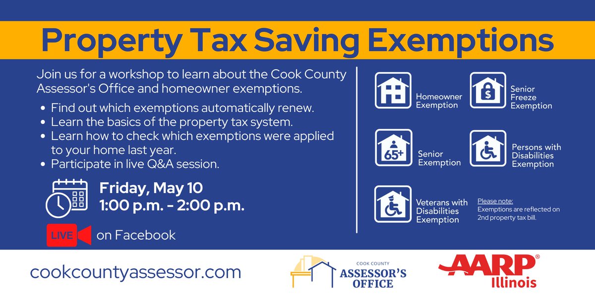 May is Older American Month. We’ve partnered with @aarpillinois to bring information to seniors on available homeowner property tax savings. Tune in on our Facebook Live at 1PM to learn about exemptions: facebook.com/CookCountyAsse…