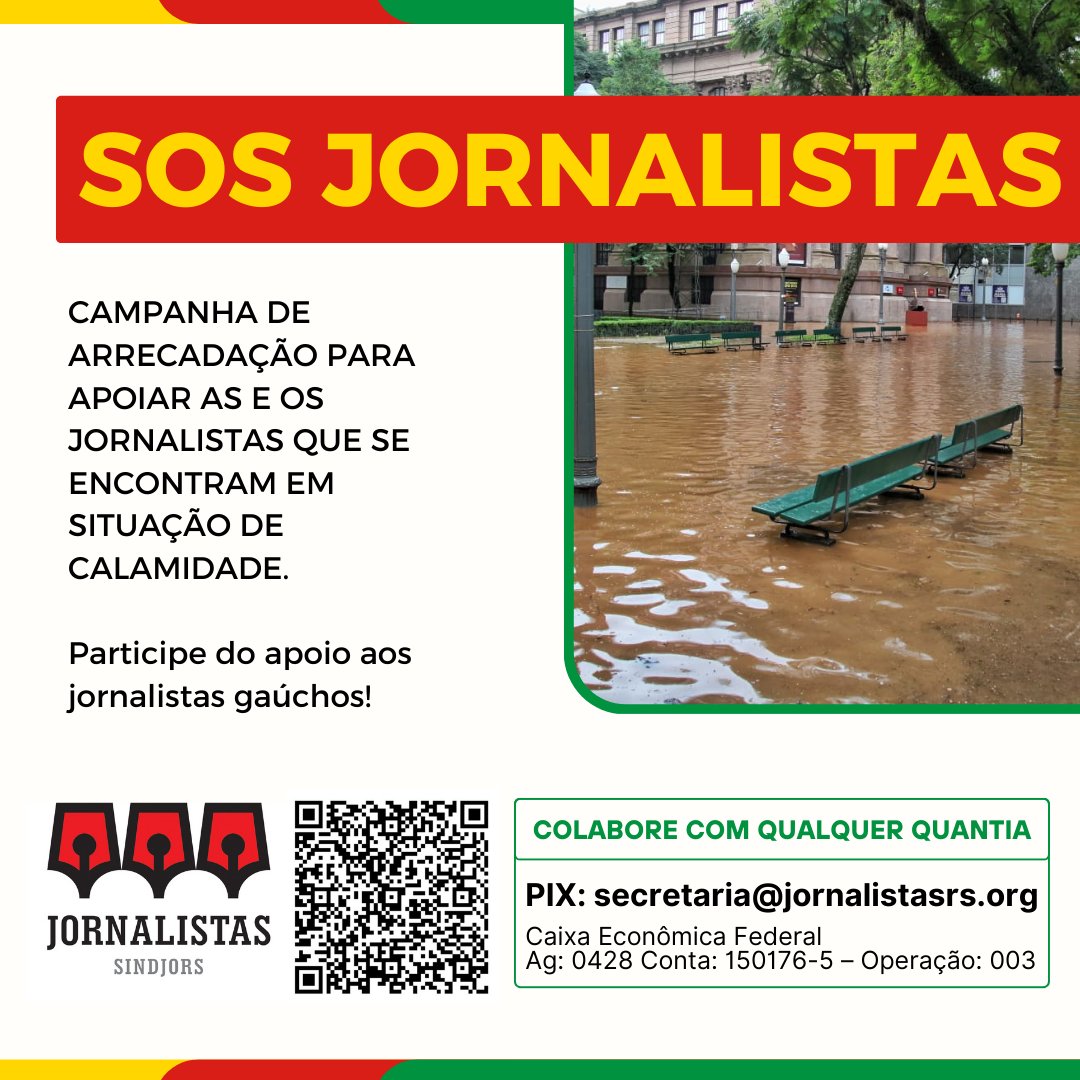 ⚠️ JORNALISTA SALVA JORNALISTA ⚠️

♦️ No momento que o Rio Grande do Sul enfrenta a maior inundação de sua história, o <a href="/jornalistasrs/">SINDJORS</a> se soma para amenizar a catástrofe e atua para apoiar os colegas mais fortemente atingidos. 

Saiba como ajudar: bit.ly/44EgpjE