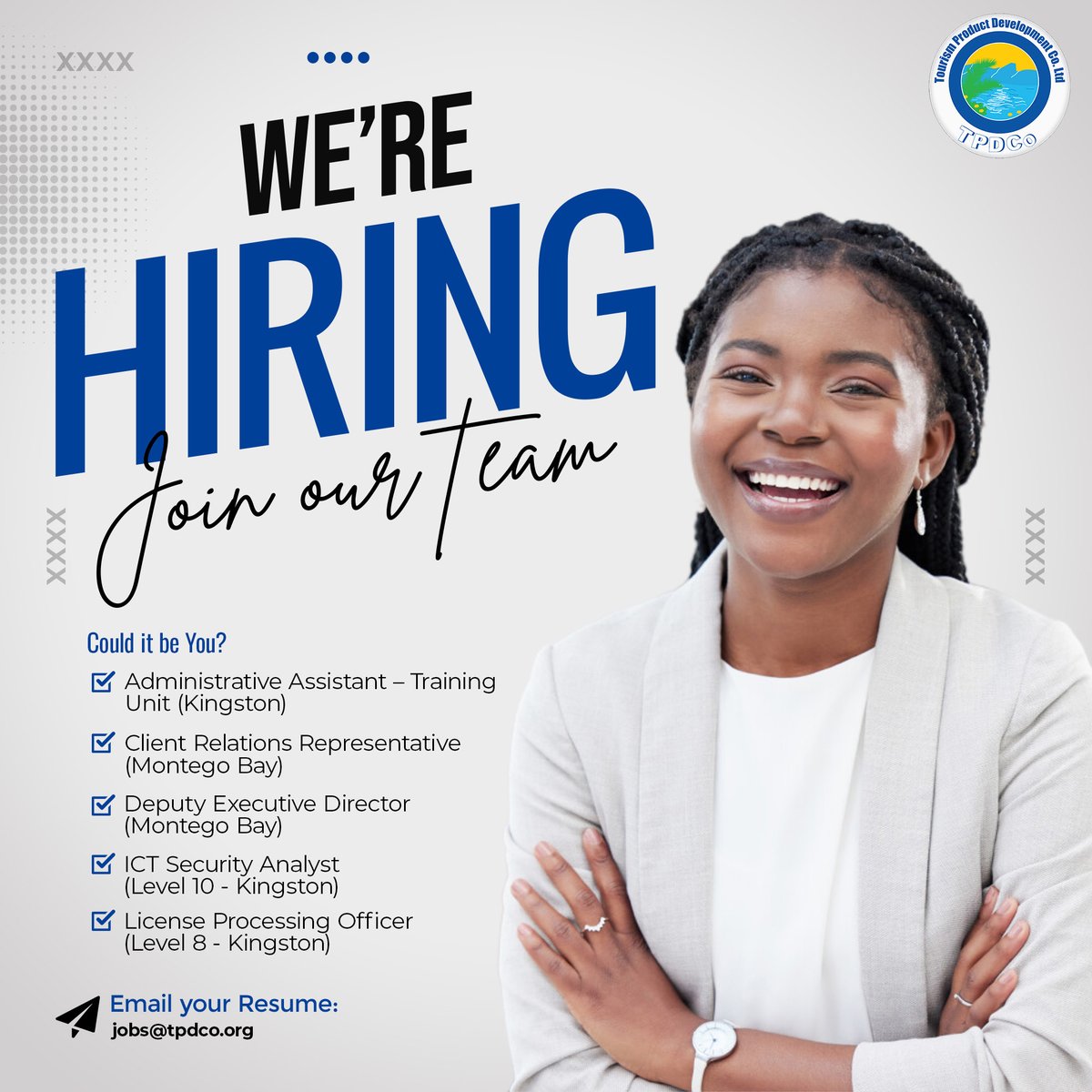 Explore exciting opportunities with us!

Click the link below for detailed information on each position:
tpdco.org/job_opportunit…

Apply on or before May 15, 2024‼️

@tourismja 
#NowHiring #tpdcoja #tourism #tourismwibread #jobvacancies #jamaica #jobseekers #JobOpportunity #JoinUs