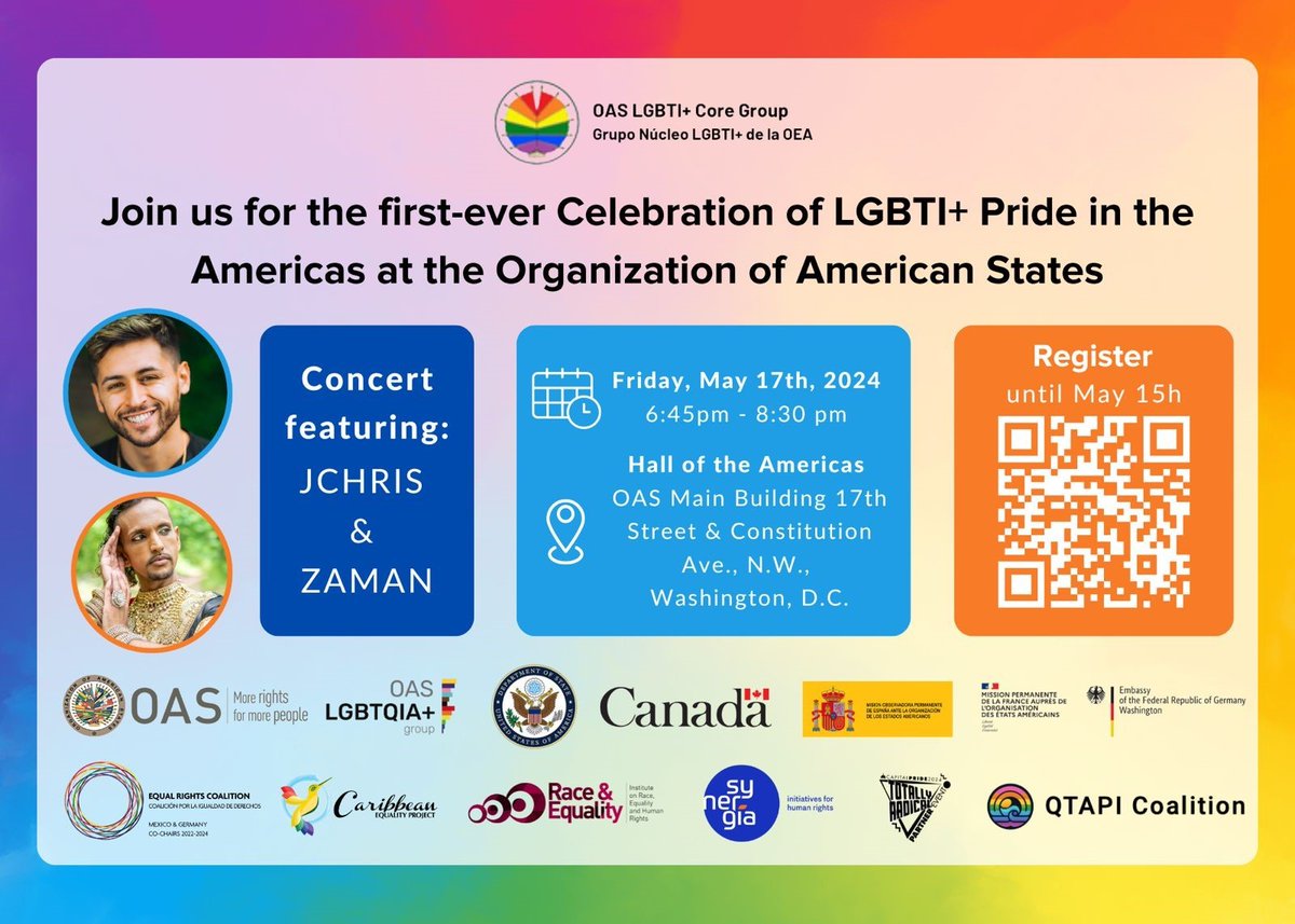 Join us, and other members of the OAS LGBTI+ Core Group of countries + @US_SE_LGBTQI, for the first-ever Celebration of LGBTI+ Pride 🏳️‍🌈in the Americas at the @OAS_official! #IDAHOBIT 🗓️Next Friday May 17th 🕓6:45pm 📍Washington DC Register here to attend in person⬇️